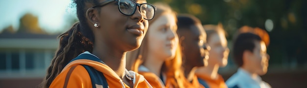 a group of students with glasses and a girl wearing orange shirt with the words  free  on the front