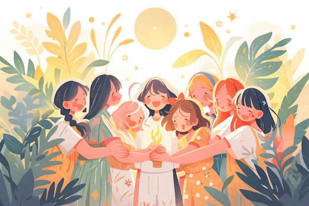 Photo group women friends hugging illustration anime style illustration colorful drawing