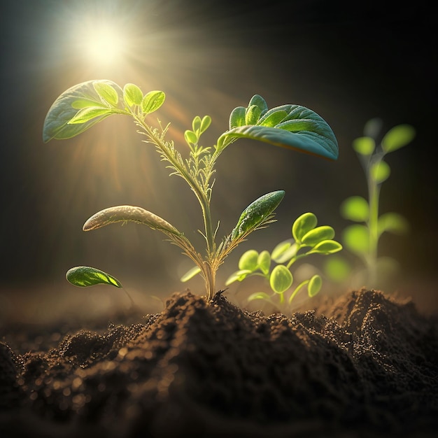 Photo growth plants concept in the nature morning light on green background small young plants on a green background the concept of environmental stewardship and world environment day