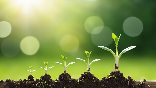 Photo the growth sequence of young plants with morning sunlight