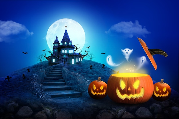 Halloween Castle and a Full Moon  banner or poster background  blue tone