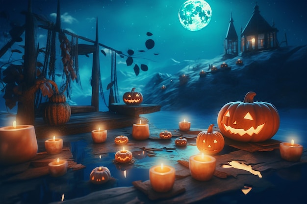 Halloween pumpkins on a wooden table at night landckape