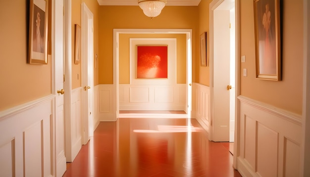 Photo a hallway with a painting on the wall and a red painting on the wall