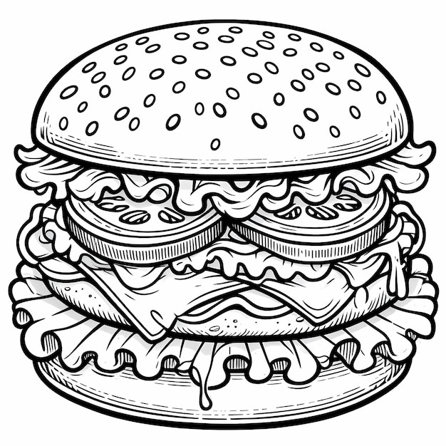 Hand Drawn cheeseburger with lettuce tomato and mayonnaise outlined in black on a white backgroun