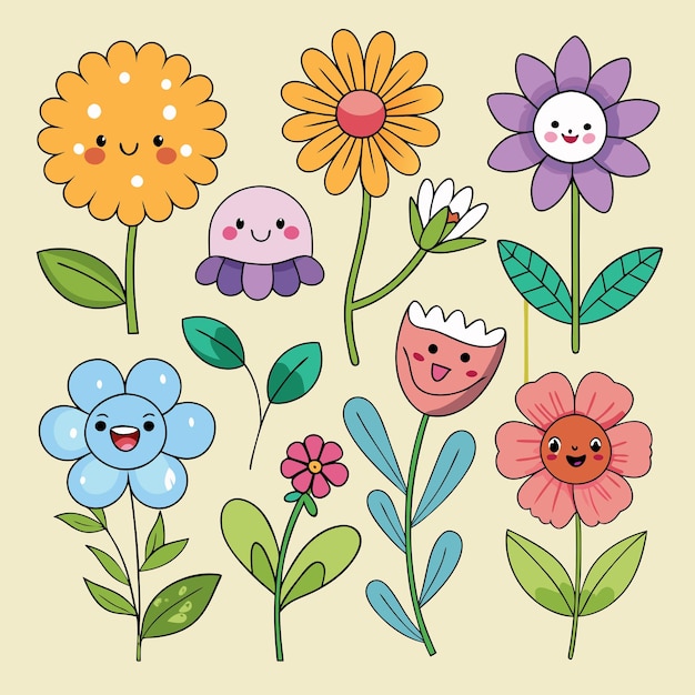 Photo hand drawn flat cute flower cartoon collection