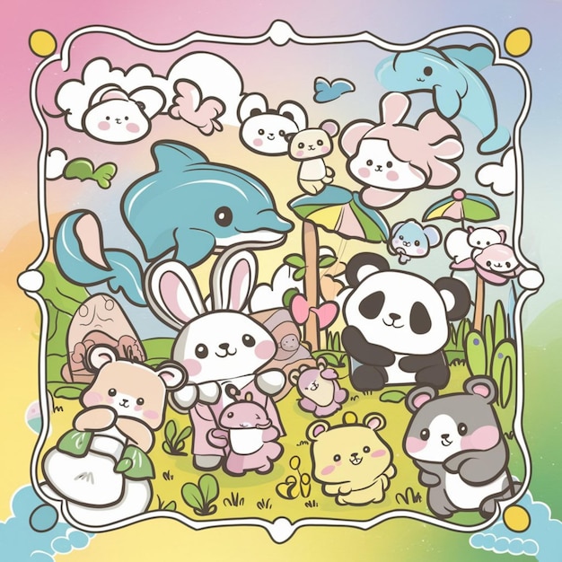 Photo hand drawn kawaii coloring book illustration