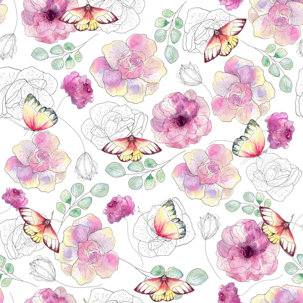 Hand drawn watercolor seamless pattern of bright colorful realistic butterfliessplashesbug and flowers Mixed media art