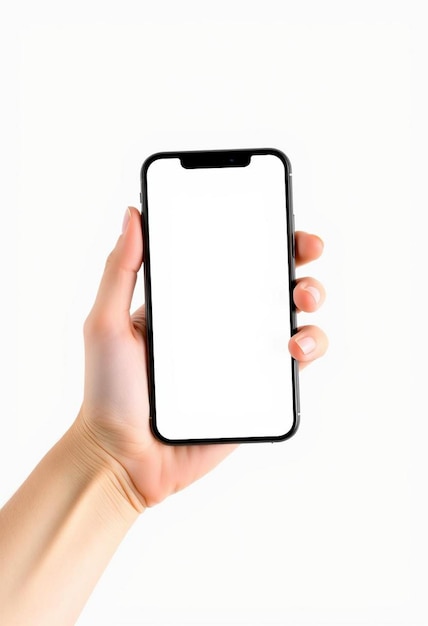 Photo hand holding smartphone white screen product mockup