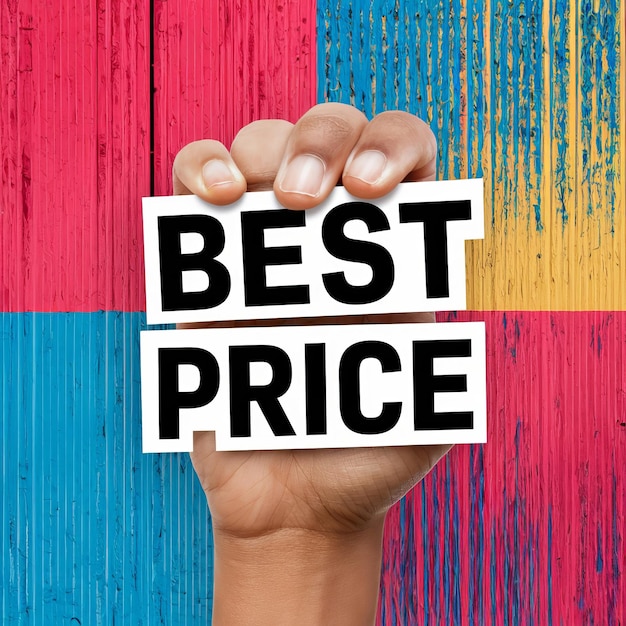 Photo hand holding the words best price closeup colorful background behind