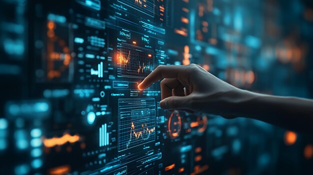 Hand interacting with a digital interface showing data visualizations and graphs