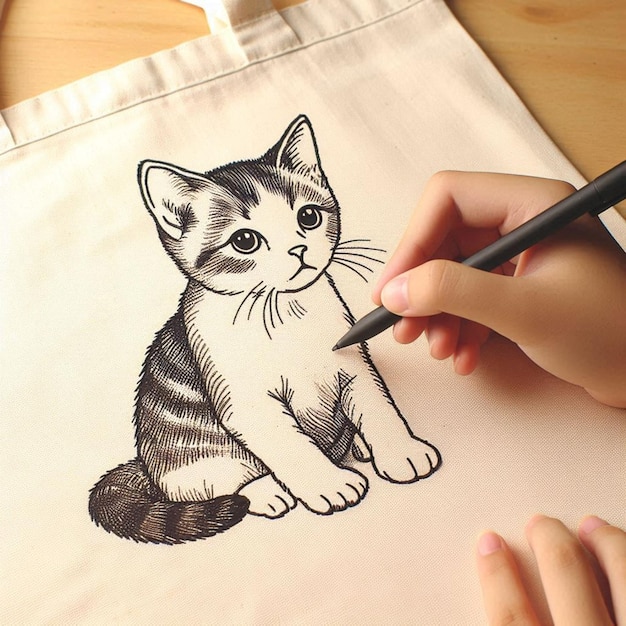 Photo a hand is drawing a kitten on a bag with a drawing of a cat