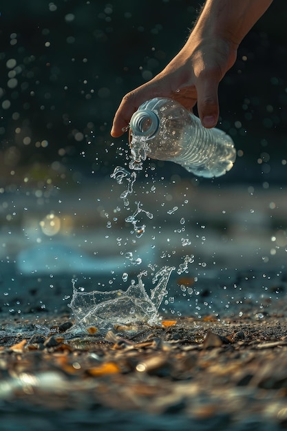 Photo a hand throws away a plastic bottle selective focus