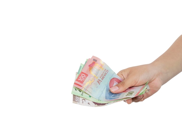 Hand with money making the gesture of paying with white background