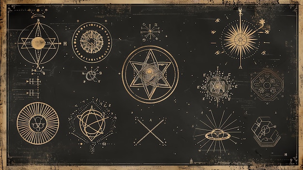 Photo handdrawn gold celestial and geometric symbols on a black background