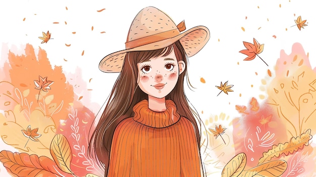 Photo handdrawn illustration of a sweet autumnal girl cartoon generative ai