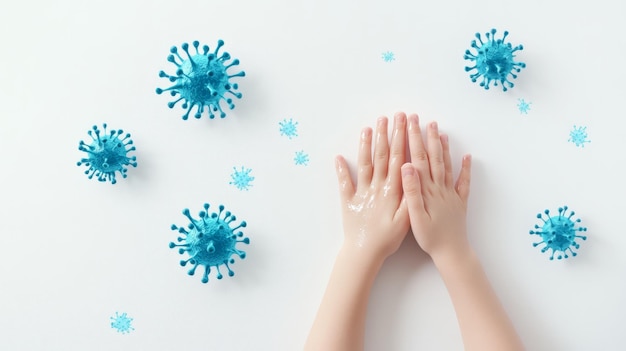 Photo hands of the child with a disinfectant solution to protect against viruses bacteria