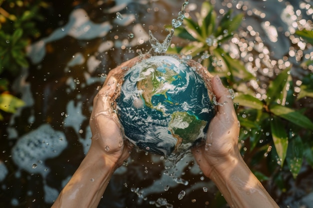 Photo hands holding earth globe with water splashes against green foliage