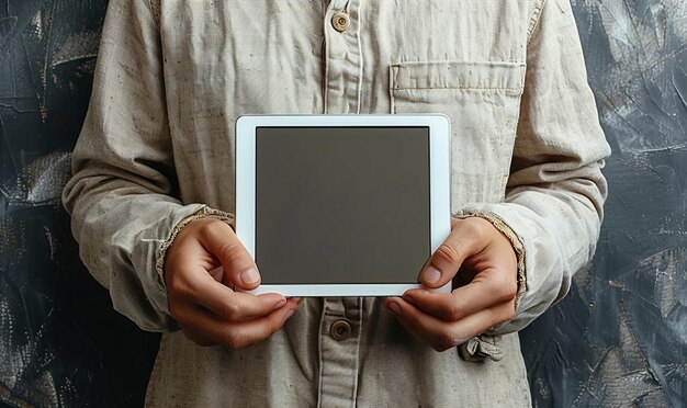 Photo hands holding a tablet with a green leafy plant image on the screen surrounded by various potted pl