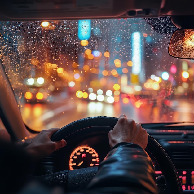 Photo hands on the steering wheel driving through a rainy city at night