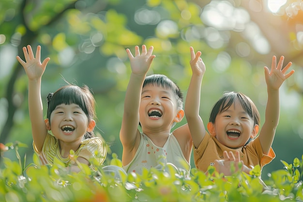 Photo happy asian children playing on the lawn in playground