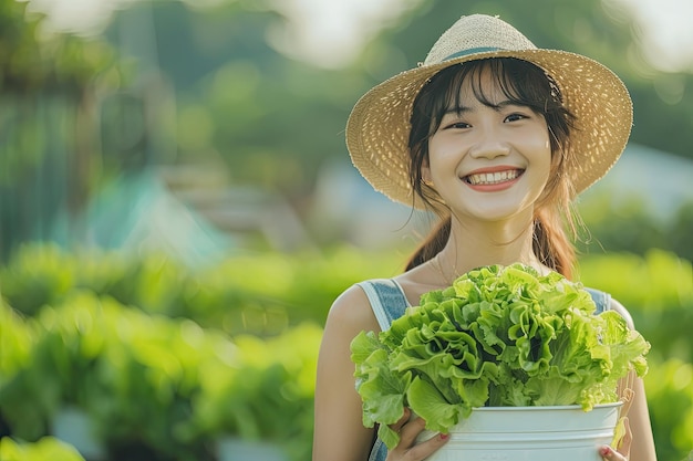 Photo happy asian woman holding a bucket of lettuce