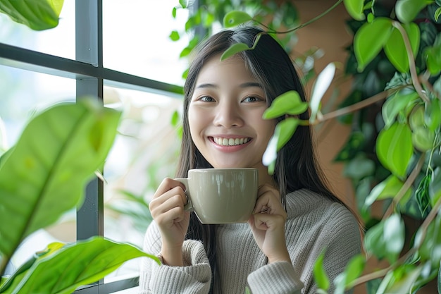 Foto fortunata donna asiatica con una tazza di caffè in un posto di lavoro decorato con la natura