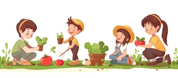 Photo happy children gardening together