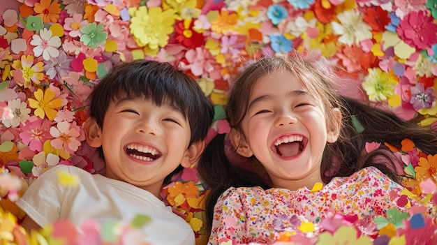 Photo happy children playing in a flower petals sea