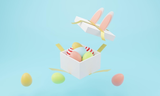 Happy Easter cute cartoon Easter composition gift open box Bunny ears and painted eggs on a delicate background 3D illustration