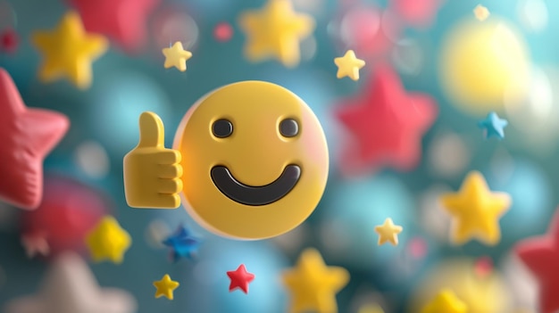 Photo happy emoji with thumbs up and stars positive feedback and success a cheerful yellow emoji