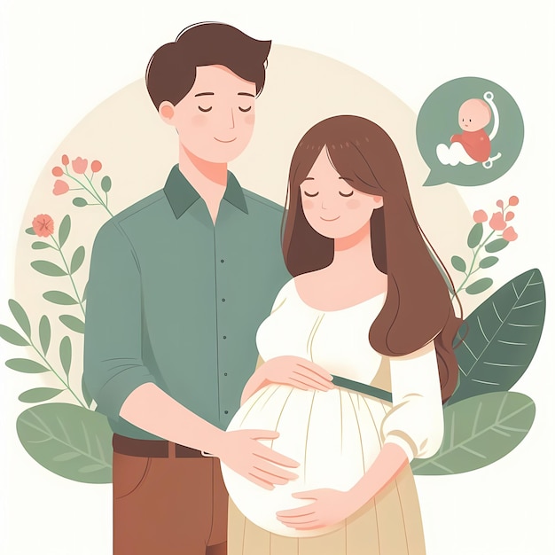 Photo happy expecting couple pregnant woman with husband family illustration flat style