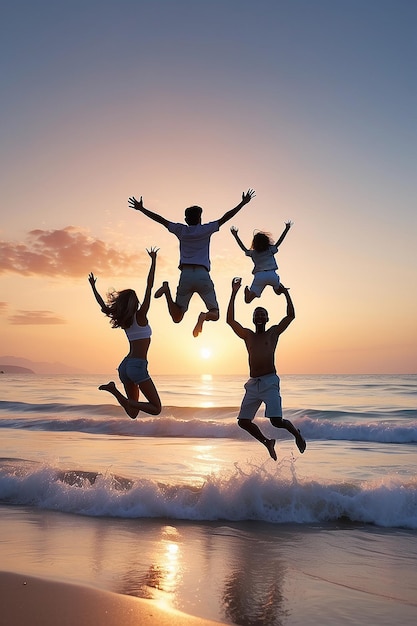 Photo happy family have fun jumping on beach in holiday at sunset back people enjoying tra generative ai