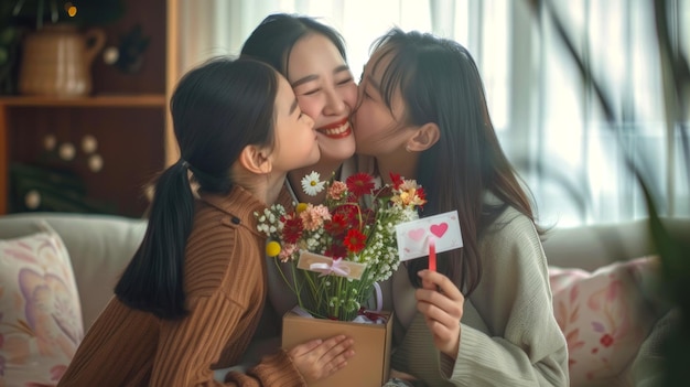 Photo happy family moment with two girls kissing their mother on the cheeks holding flowers