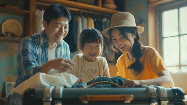 Photo happy family packing suitcase for a vacation trip