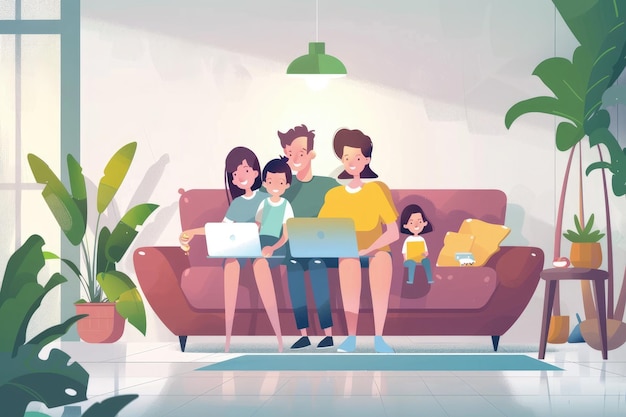 Photo happy family using laptop on a sofa family time leisure time for parents with children watching a movie on a laptop