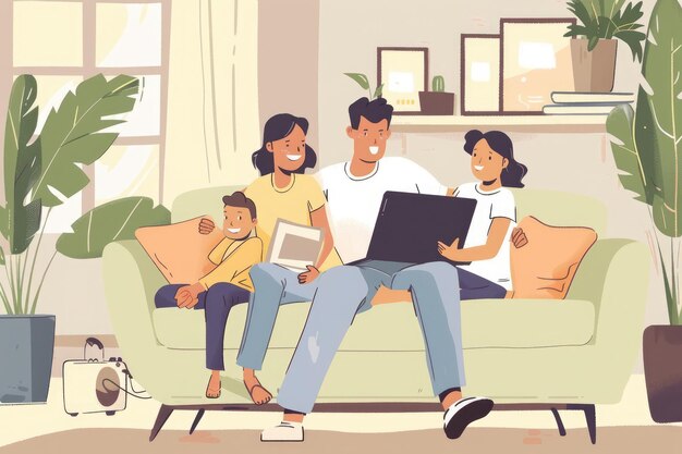 Photo happy family using laptop on a sofa family time leisure time for parents with children watching a movie on a laptop