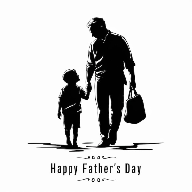 Happy Fathers Day greeting card a middle age father holds his sons hand and walks