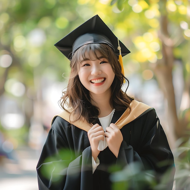 Photo happy graduate woman in a black graduation gown with a yellow tassel smiling against a green bokeh background