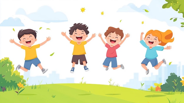 Photo happy kids jumping in a sunny park ideal for children books