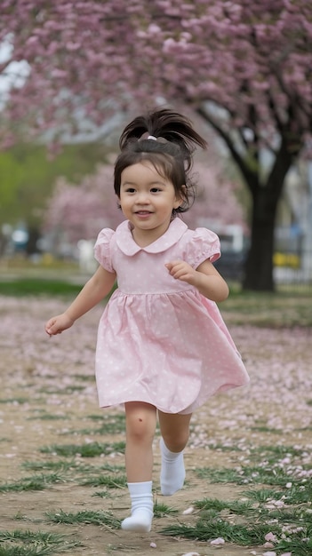 Photo happy little asian girl running in the spring park