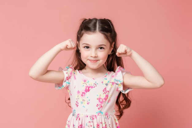 Photo happy little girl showing muscles with both arms raised wearing a floral dress against a pink background