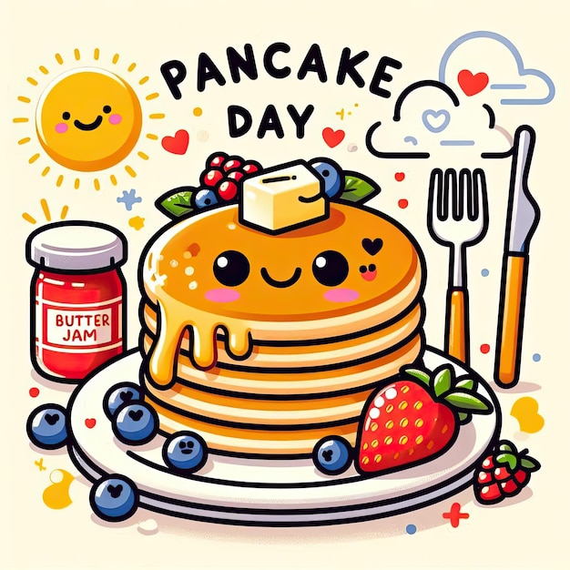 Photo happy pancake day pancake day background national pancake day cartoon vector illustration design template for poster banner flyer card post cover pancakes stack with berries or honey