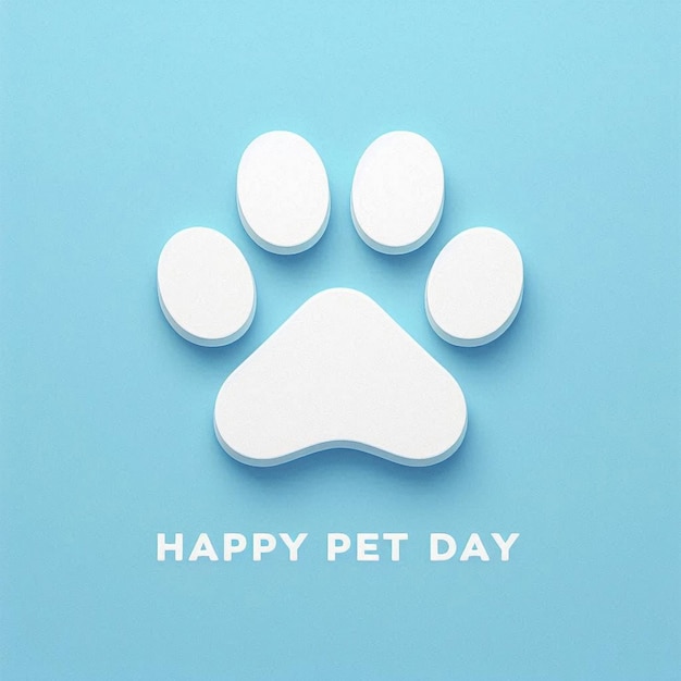 Happy Pet Day Paw on blue background with hand lettering Vector illustration