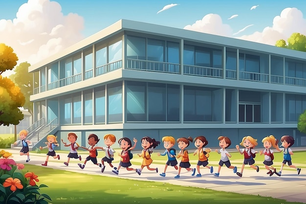 Photo happy school children playing in front of school building