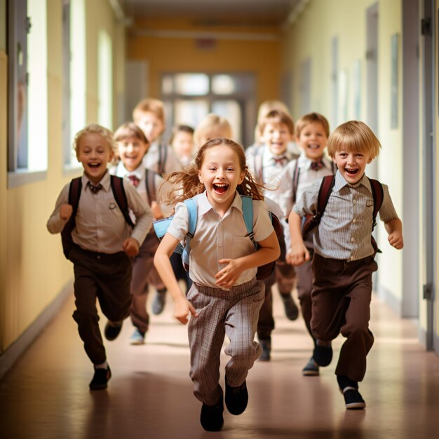 Happy school kids running in corridor