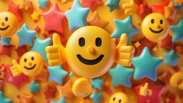 Photo happy smiley face with thumbs up surrounded by stars a yellow smiley face with thumbs up sur