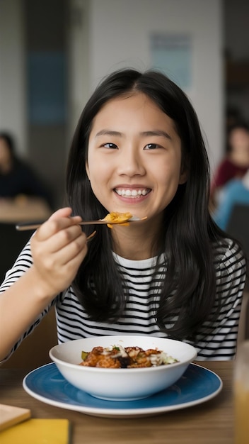 Photo happy staffed cute asian girl feelings satisfaction after eating favorite food smiling broadly rubb