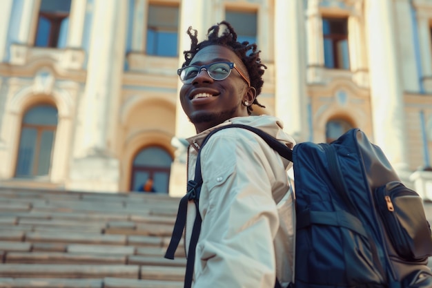 Photo happy successful african student with glasses and backpack smiling outdoors