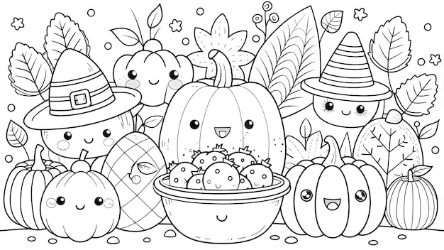 Photo happy thanksgiving hand drawn kawaii coloring book illustration ai generated