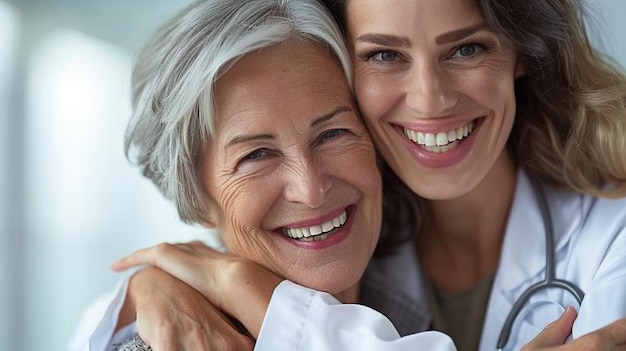 Happy woman nurse and hug senior patient in elderly care support or trust at old age home